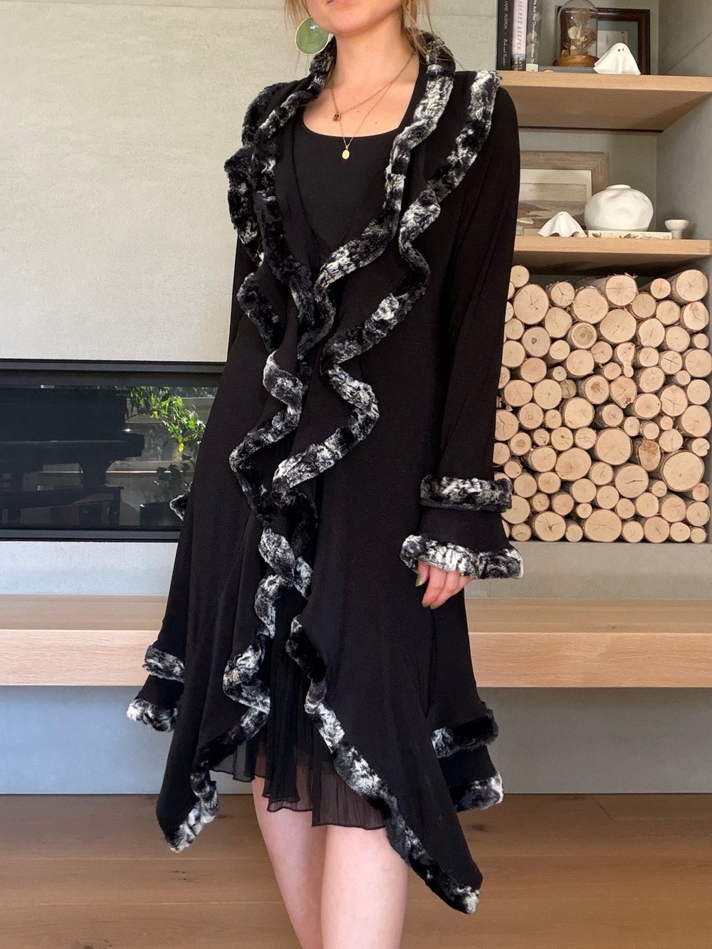 Joseph Ribkoff Black Asymmetrical Ruffle cardigan with Faux Fur Trim